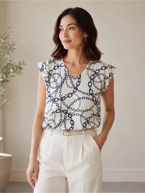 Express Chain Print Blouse Womens Small Blue White Nautical Cap Sleeve Top